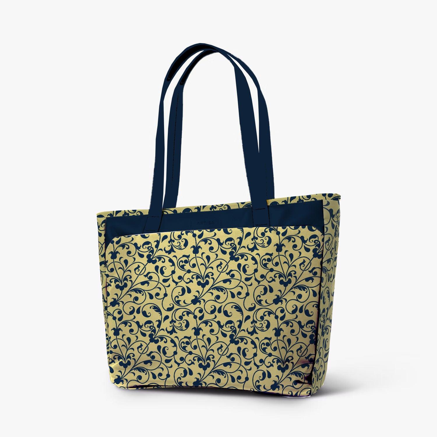 Vintage Executive Tote Bag with Laptop Compartments - Carryall in Traditional Floral Print