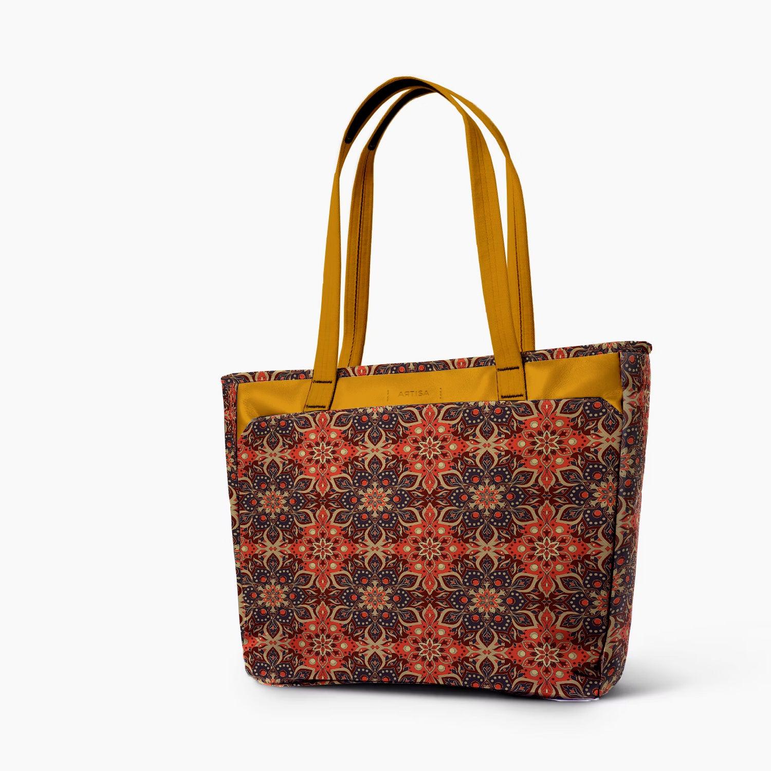Vintage Executive Tote Bag with Laptop Compartments - Carryall in Traditional Mandala Print