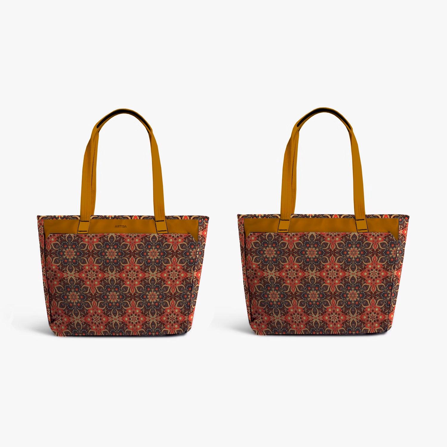 Vintage Executive Tote Bag with Laptop Compartments - Carryall in Traditional Mandala Print