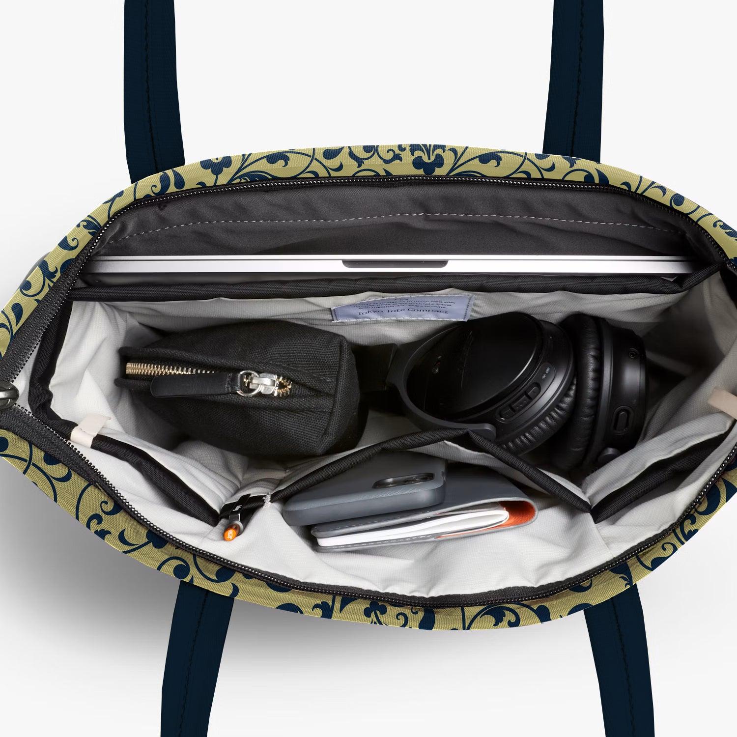 Vintage Executive Tote Bag with Laptop Compartments - Carryall in Traditional Floral Print