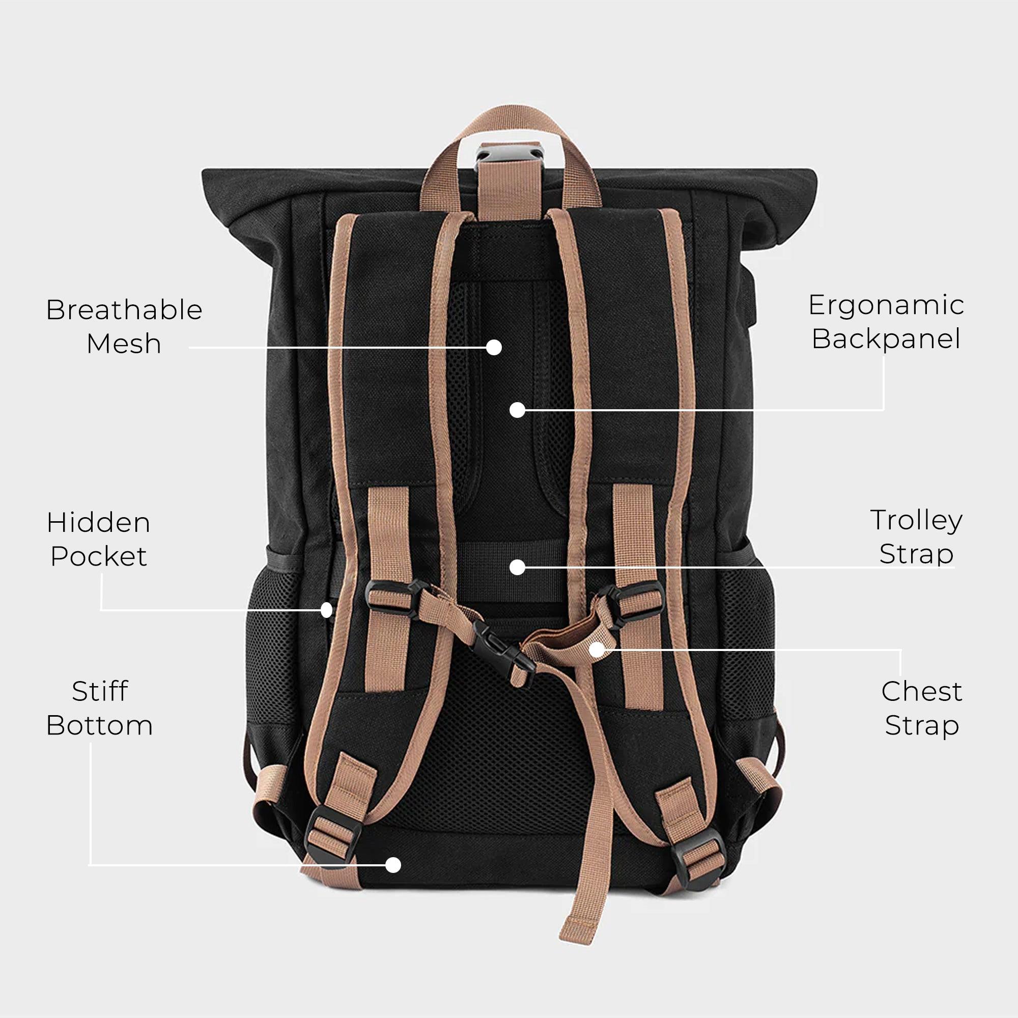 Canvas Roll top Laptop Backpack for Daily use and Travelling, Anti Theft Pocket and Expandable Size - Black