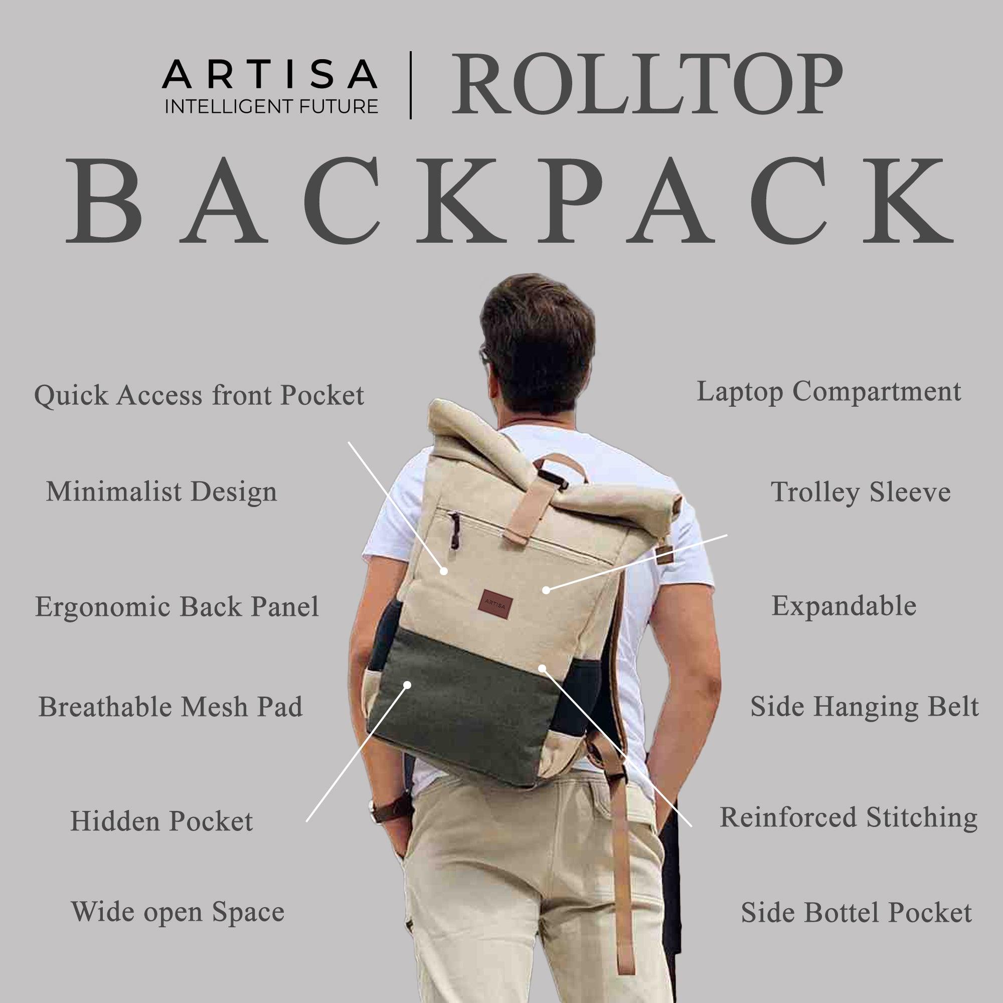 Canvas Roll top Laptop Backpack for Daily use and Travelling, Anti Theft Pocket and Expandable Size - Black