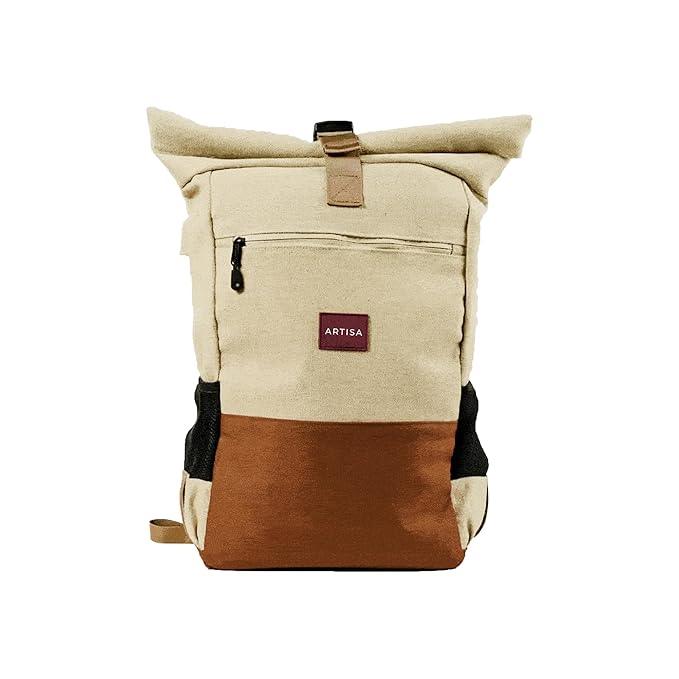 Canvas Roll top Backpack with 15.6 inch Laptop Compartment, Anti Theft Pocket and Expandable Size - Beige