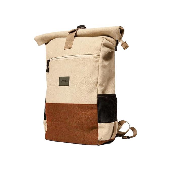 Canvas Roll top Backpack with 15.6 inch Laptop Compartment, Anti Theft Pocket and Expandable Size - Beige