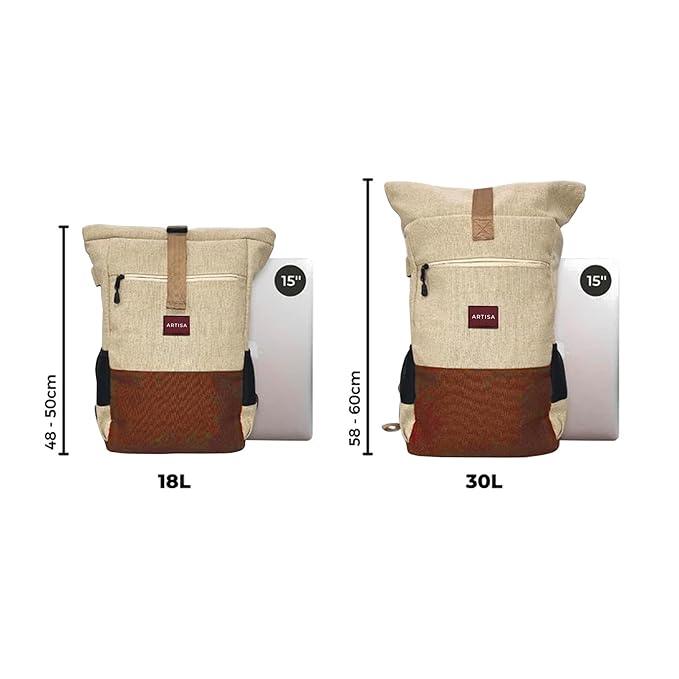 Canvas Roll top Backpack with 15.6 inch Laptop Compartment, Anti Theft Pocket and Expandable Size - Beige