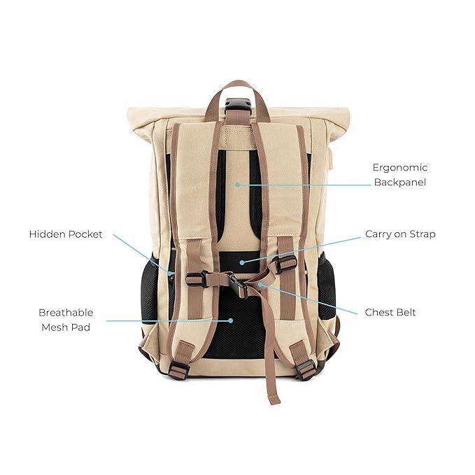 Canvas Roll top Backpack with 15.6 inch Laptop Compartment, Anti Theft Pocket and Expandable Size - Beige